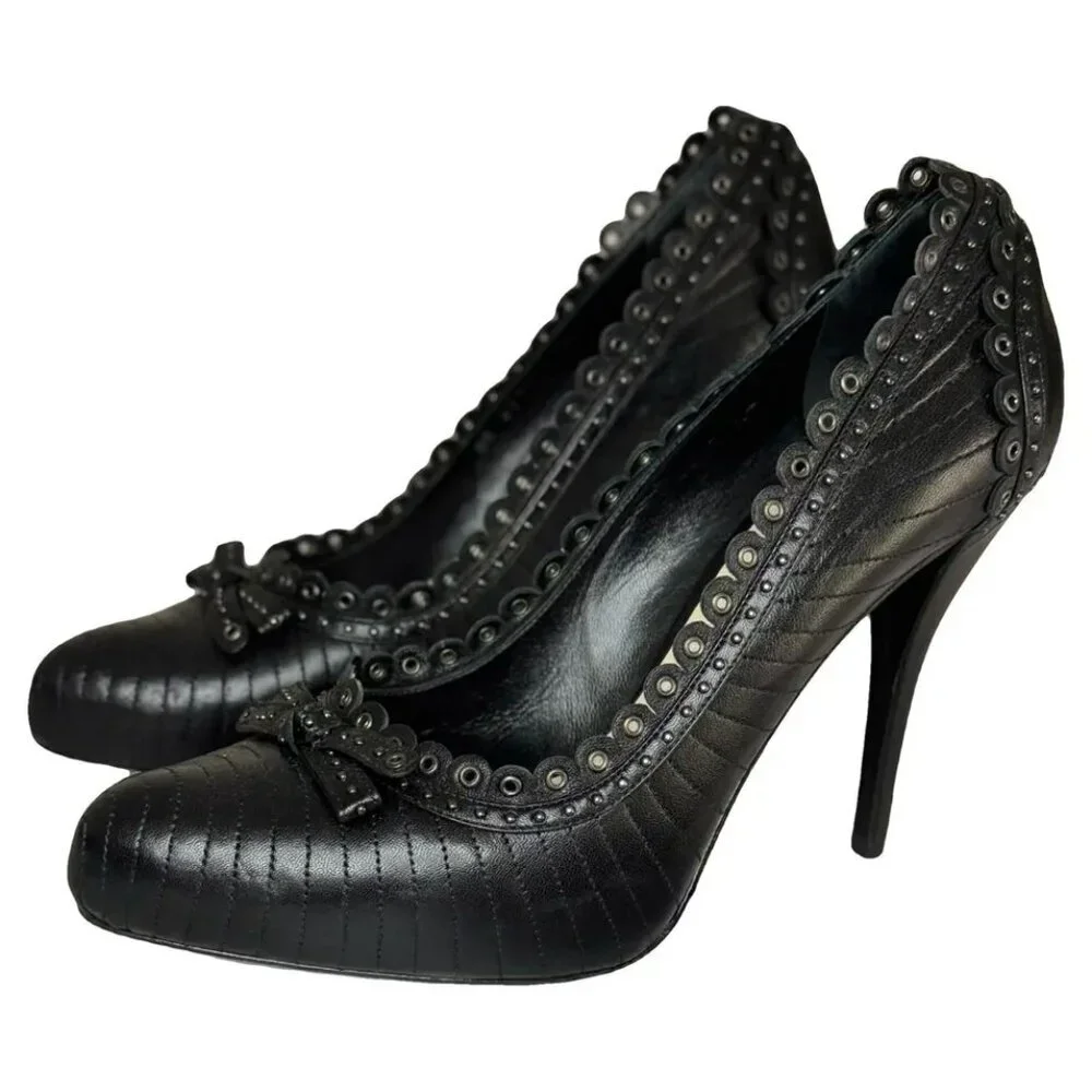 Christian Dior Muse Black Leather Scallop Edging Stud Eyelet Detailing Stiletto